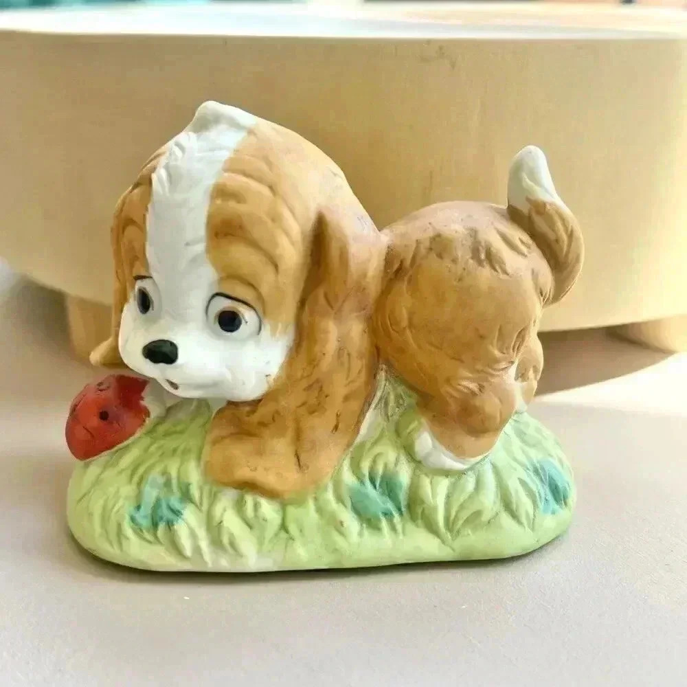 Vintage Spaniel Dog Lego Puppy Ladybug Porcelain Figurine 1960s